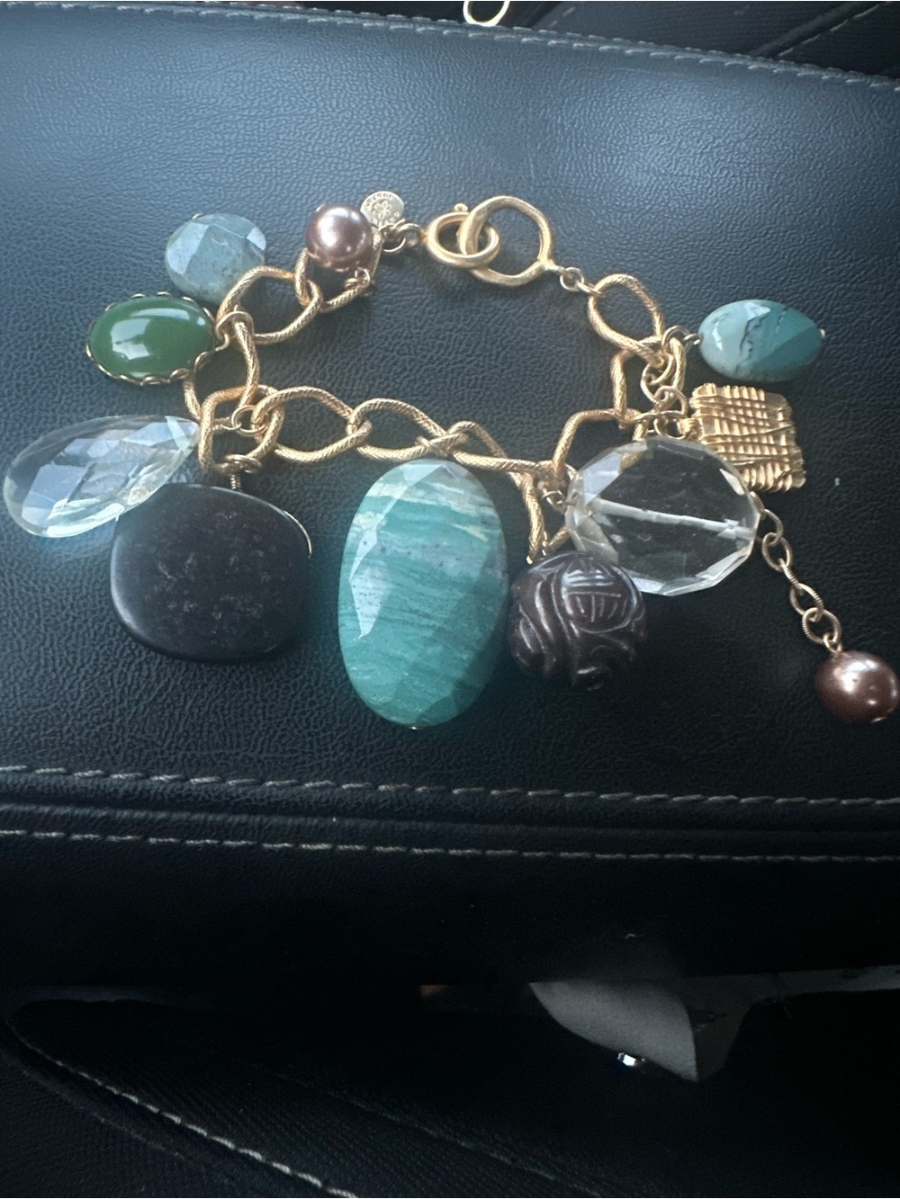 Gold-Tone Charm Bracelet with Teal and Green Gemstones